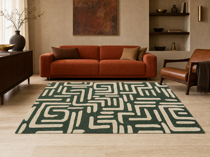 Handmade Olive Green Geometric Rug | Modern Abstract Wool Rug