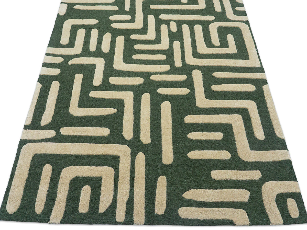 Handmade Olive Green Geometric Rug | Modern Abstract Wool Rug