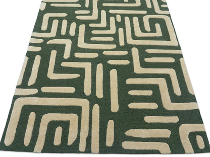 Handmade Olive Green Geometric Rug | Modern Abstract Wool Rug