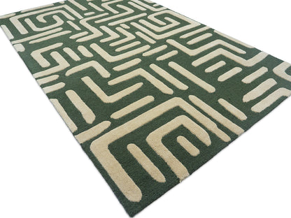 Handmade Olive Green Geometric Rug | Modern Abstract Wool Rug