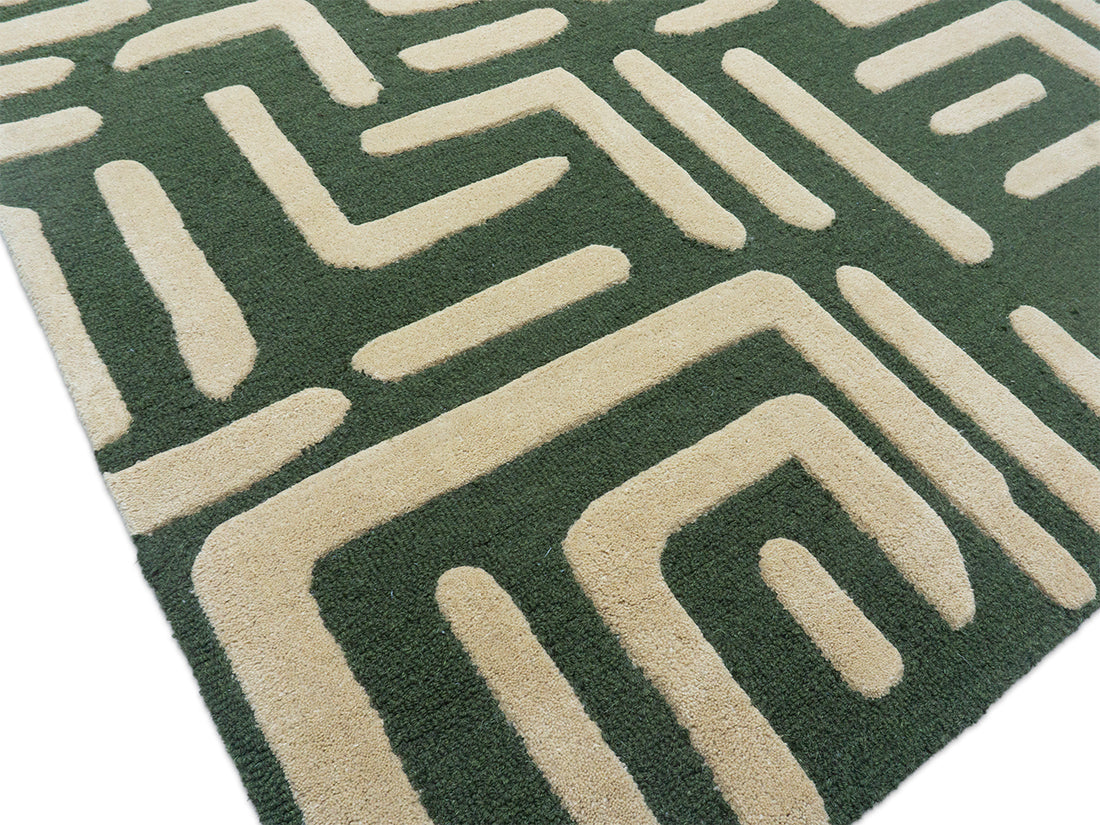Handmade Olive Green Geometric Rug | Modern Abstract Wool Rug