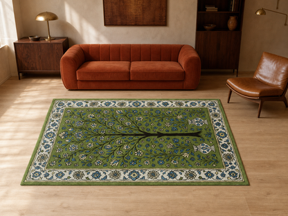 Handmade Olive Green Floral Rug | Persian Oriental Style