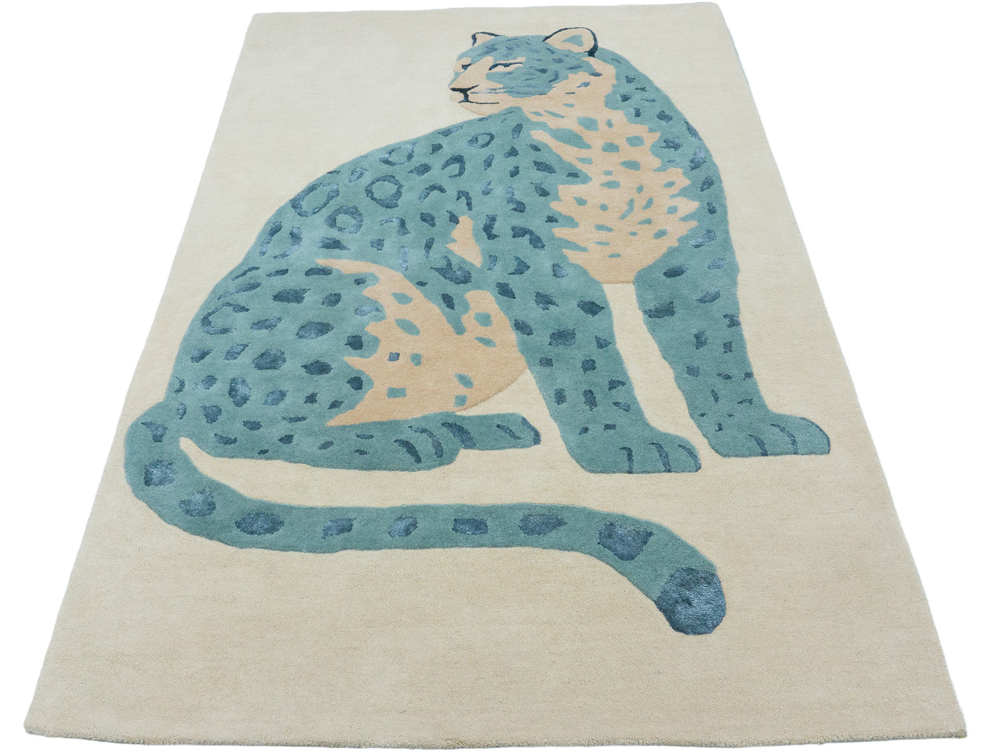 Handmade Ivory & Blue Leopard Rug | Modern Animal Print