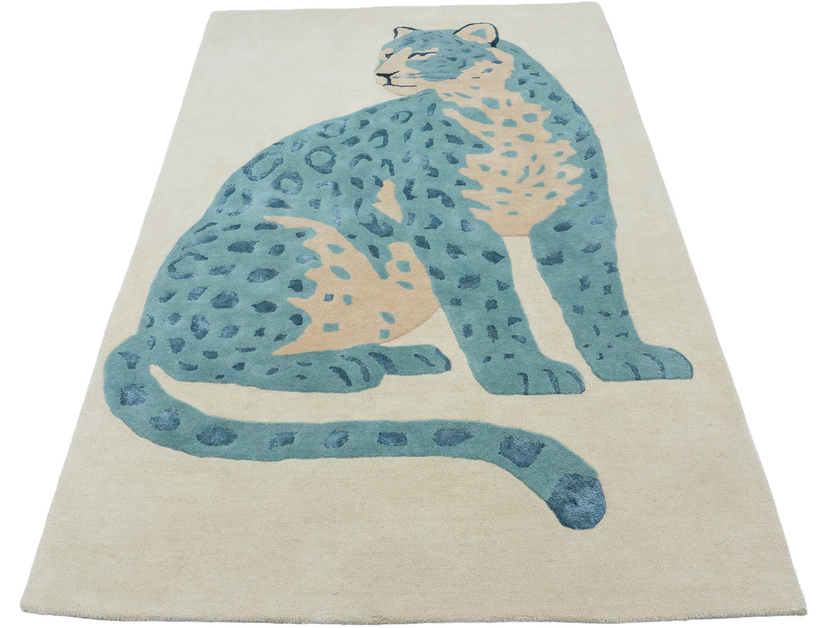 Handmade Ivory & Blue Leopard Rug | Modern Animal Print