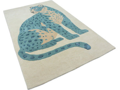 Handmade Ivory & Blue Leopard Rug | Modern Animal Print