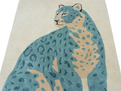 Handmade Ivory & Blue Leopard Rug | Modern Animal Print