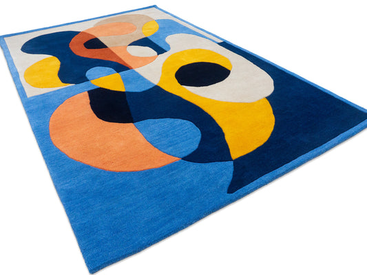 Handmade Wool Blue Yellow Rug | Modern Abstract Area Rug 5x8