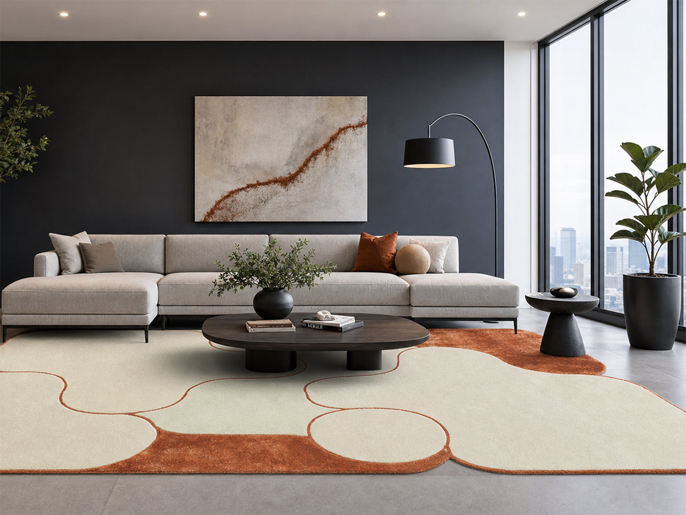 Handmade Abstract Wool Rug | Modern Ivory & Terracotta Rug