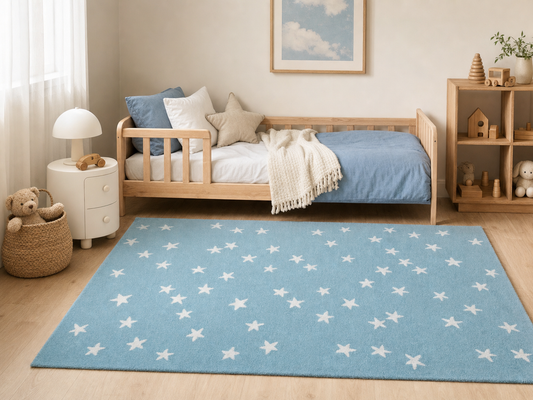 Hand Tufted Wool Blue Star Rug 9x12 | Kids Nursery Area Rug | Modern Baby Room Decor