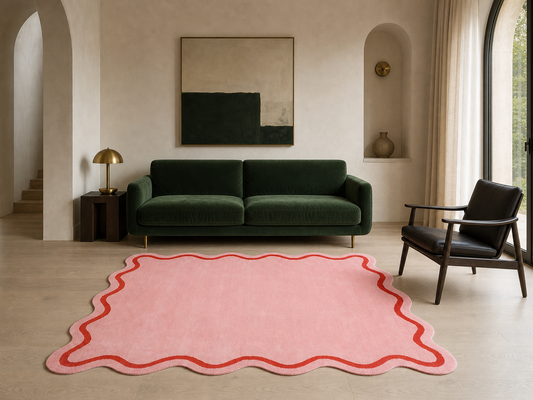 Handmade Pink Scalloped Rug | Wavy Border Wool Area Rug