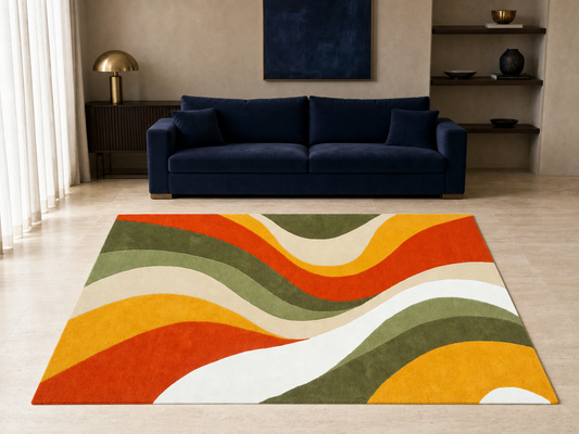 Handmade Abstract Wave Rug | Orange Olive Green Modern Rug