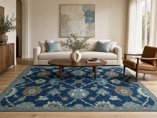 Hand Tufted Wool Oushak Rug | Navy Blue Floral Persian Area Rug | Traditional Oriental Carpet
