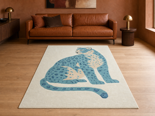 Handmade Ivory & Blue Leopard Rug | Modern Animal Print