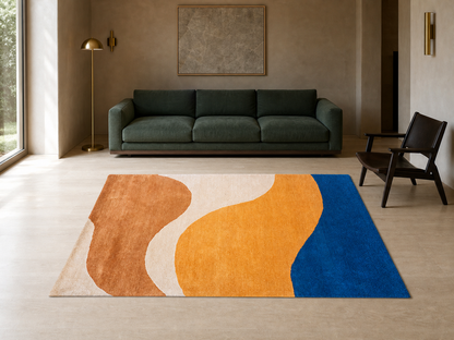 Abstract Modern Organic Wave Rug – Terracotta, Cream, Mustard & Deep Blue