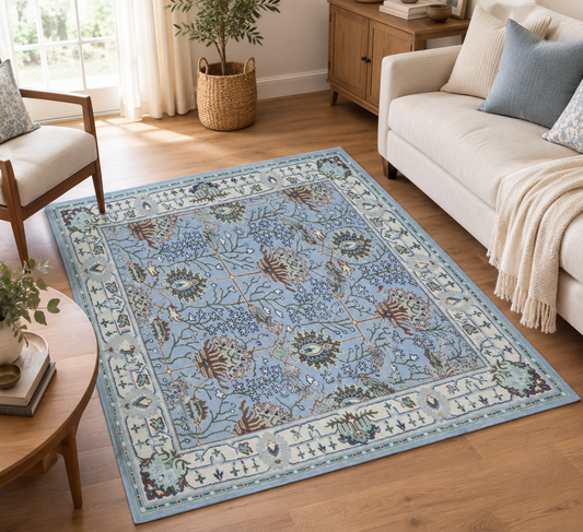 Handmade Light Blue Floral Rug | Vintage Oriental Rug