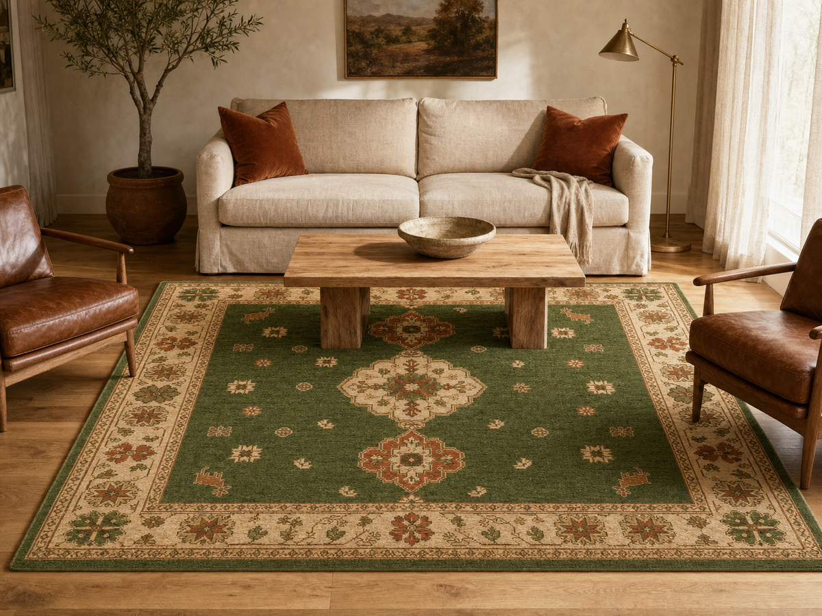 Hand Tufted Wool Rug| Olive Green Persian Kazak Rug |Traditional Tribal  Area Rug