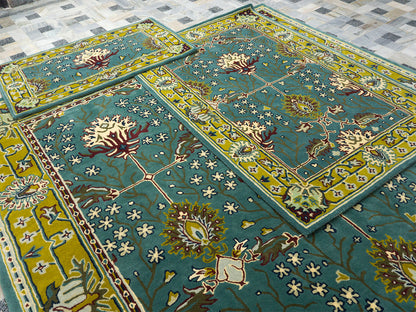 Handmade Wool Rug | Teal Blue & Gold Floral Rugs 5x7