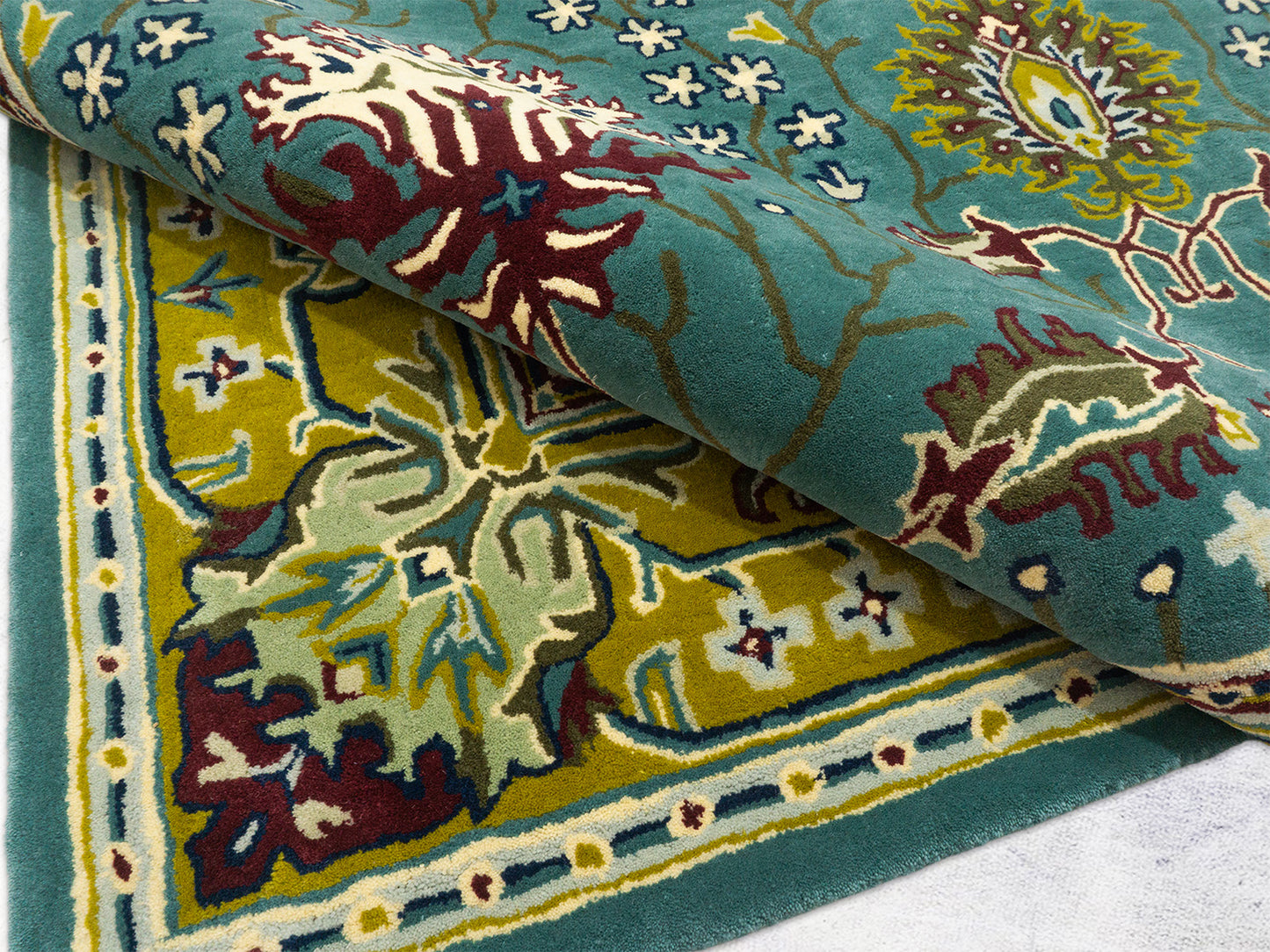 Handmade Wool Rug | Teal Blue & Gold Floral Rugs 5x7