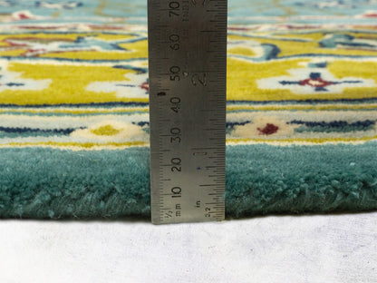 Handmade Wool Rug | Teal Blue & Gold Floral Rugs 5x7