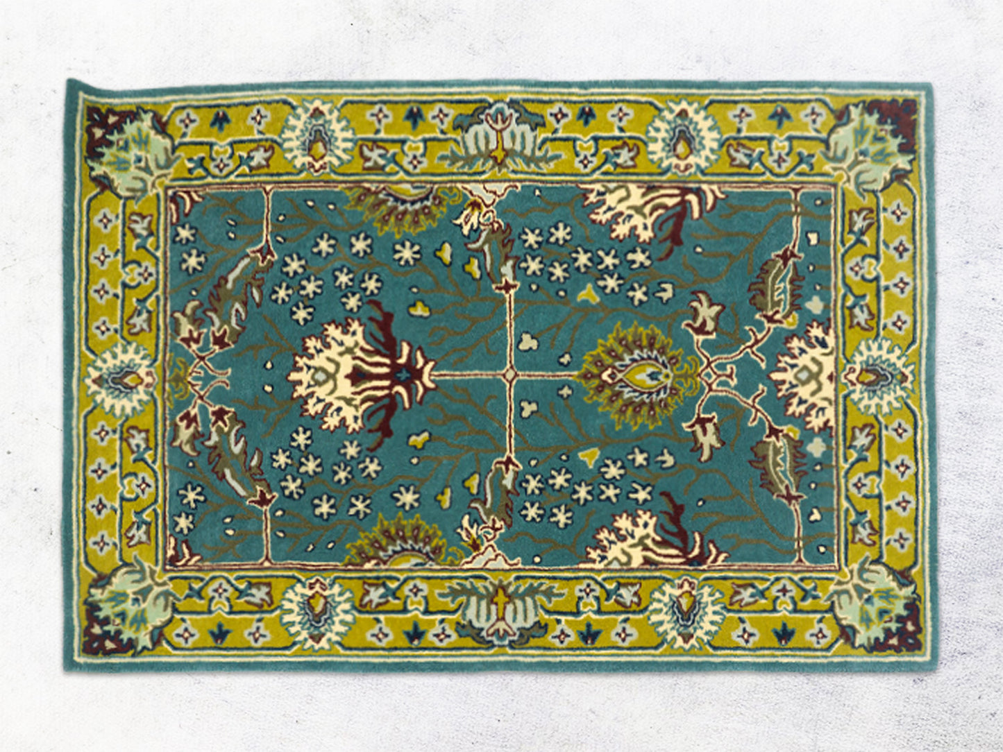 Handmade Wool Rug | Teal Blue & Gold Floral Rugs 5x7