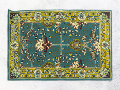 Handmade Wool Rug | Teal Blue & Gold Floral Rugs 5x7