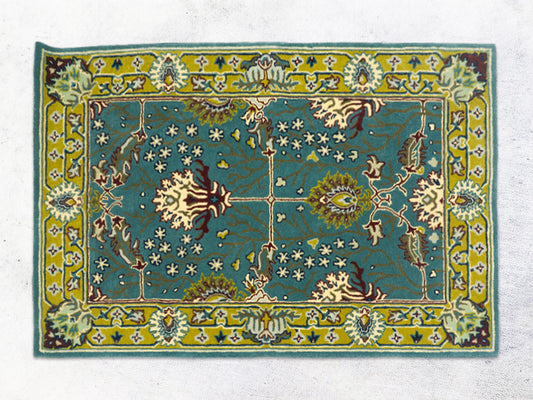 Handmade Wool Rug | Teal Blue & Gold Floral Rugs 5x7