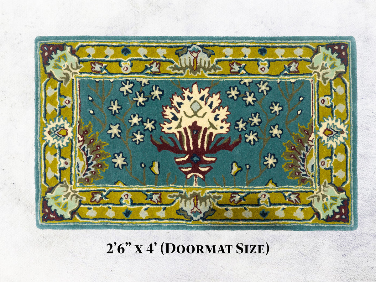Handmade Persian Floral Rug | Teal Blue & Mustard Oriental Wool Rug