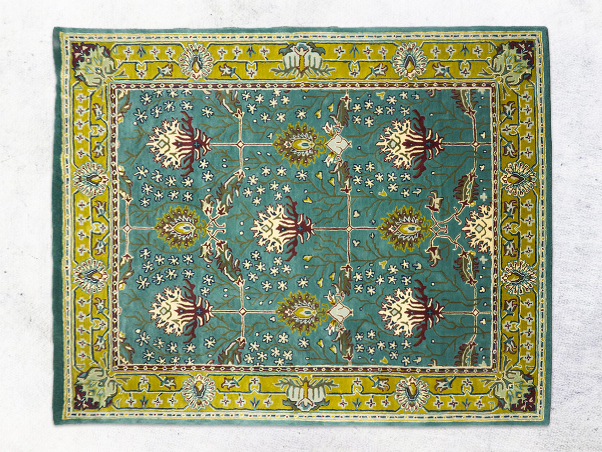 Handmade Persian Floral Rug | Teal Blue & Mustard Oriental Wool Rug