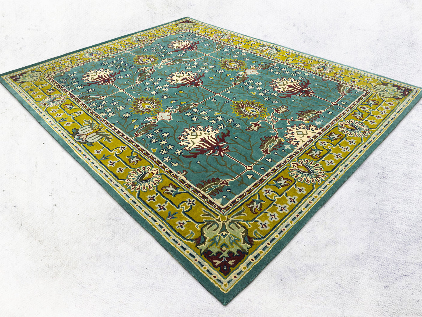 Handmade Wool Rug | Teal Blue & Gold Floral Rugs 5x7