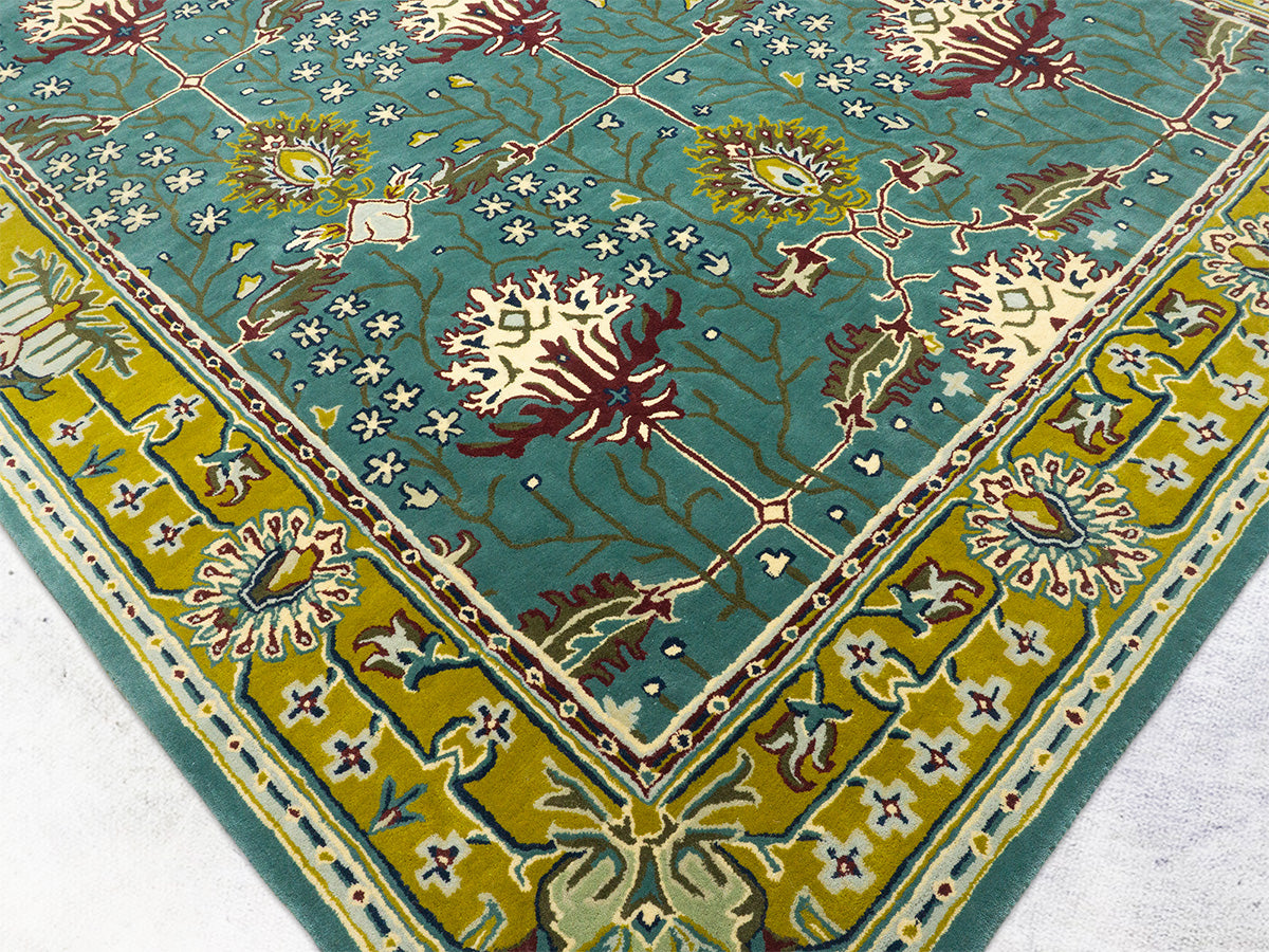 Handmade Wool Rug | Teal Blue & Gold Floral Rugs 9x14