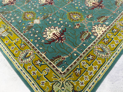 Handmade Wool Rug | Teal Blue & Gold Floral Rugs 9x14