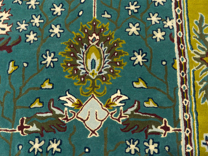Handmade Wool Rug | Teal Blue & Gold Floral Rugs 9x14