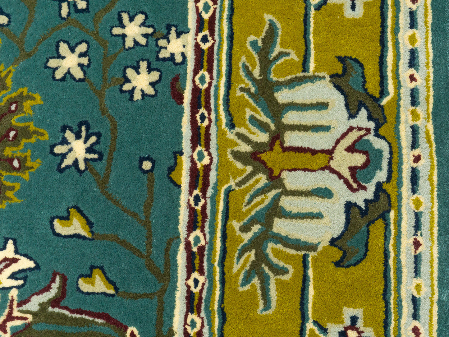 Handmade Wool Rug | Teal Blue & Gold Floral Rugs 5x7