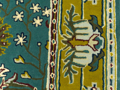 Handmade Wool Rug | Teal Blue & Gold Floral Rugs 5x7