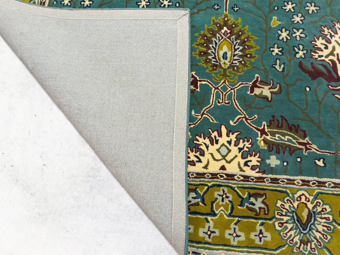 Handmade Wool Rug | Teal Blue & Gold Floral Rugs 9x14