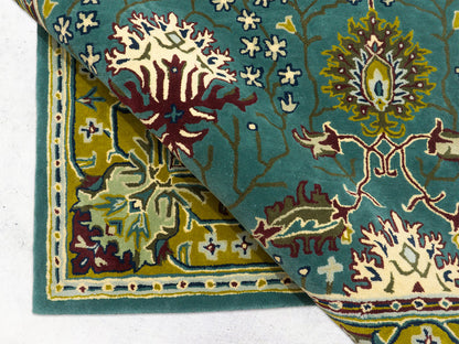 Handmade Wool Rug | Teal Blue & Gold Floral Rugs 5x7