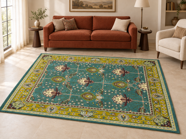 Handmade Persian Floral Rug | Teal Blue & Mustard Oriental Wool Rug