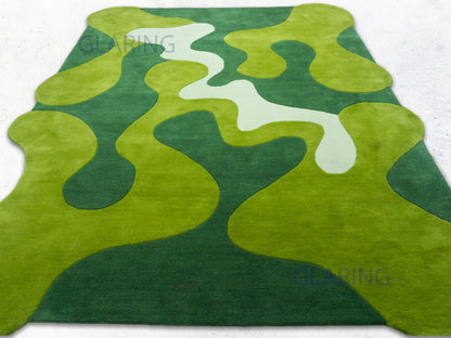 Moss Green Abstract Organic Shape: Hand Tufted Wool Rug
