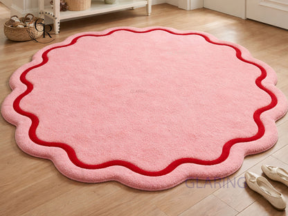 Hand Tufted Wool Rug | Pink with Red Wavy Border