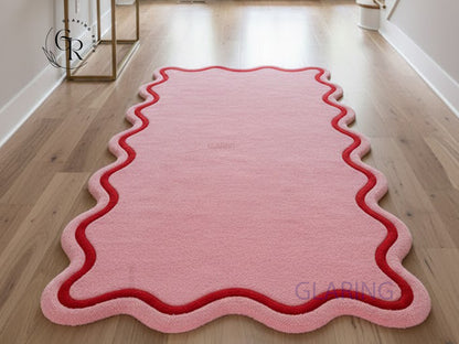 Hand Tufted Wool Rug | Pink with Red Wavy Border