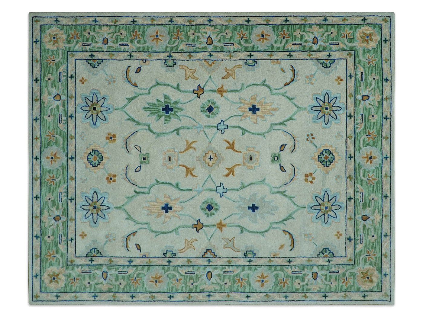 Handmade Oushak Style Rug| Ivory & Sage Green Floral| Vintage Turkish Inspired Luxury Carpet