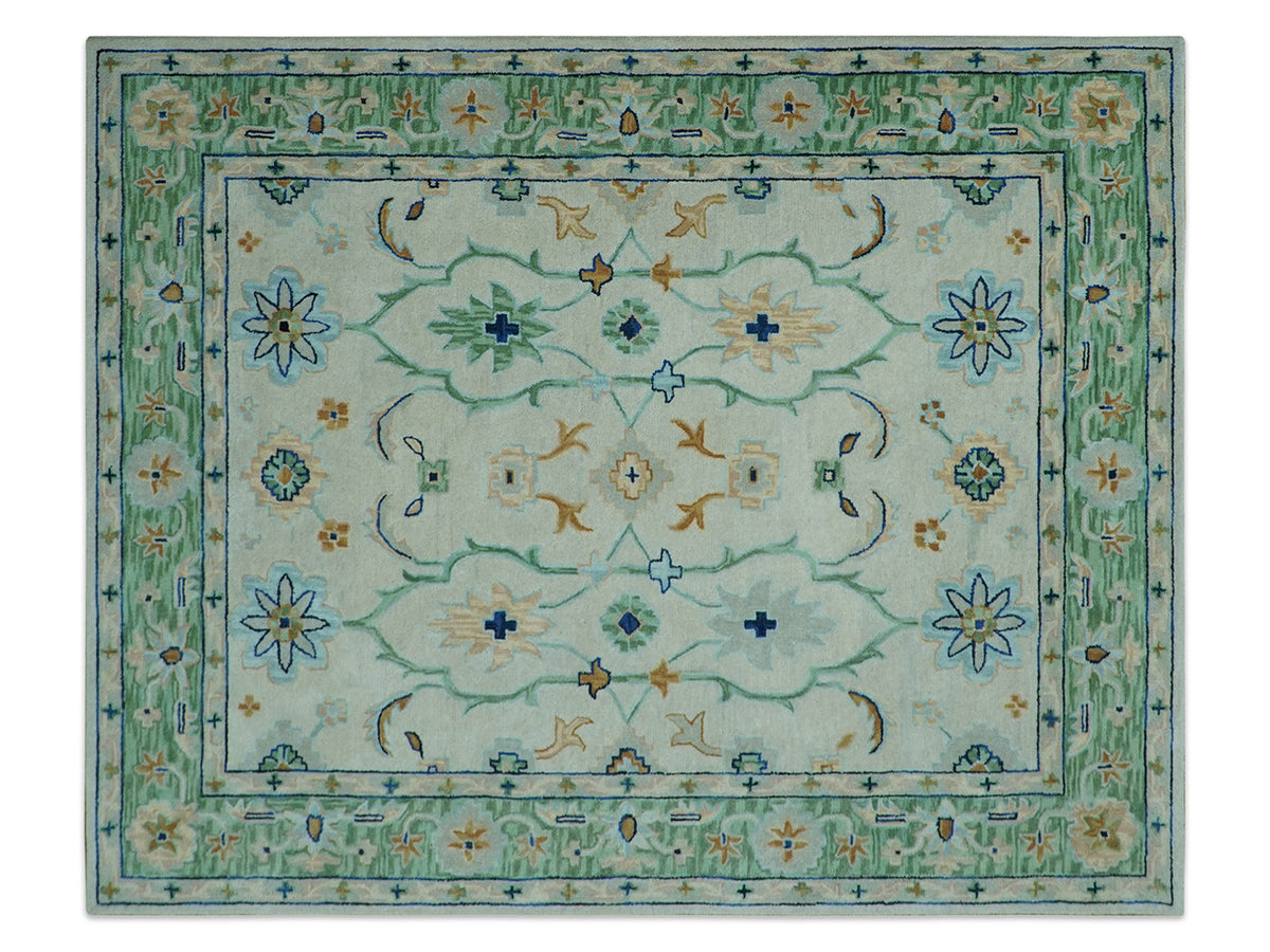 Handmade Oushak Style Rug| Ivory & Sage Green Floral