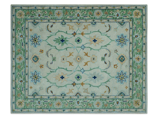 Handmade Oushak Style Rug| Ivory & Sage Green Floral| Vintage Turkish Inspired Luxury Carpet
