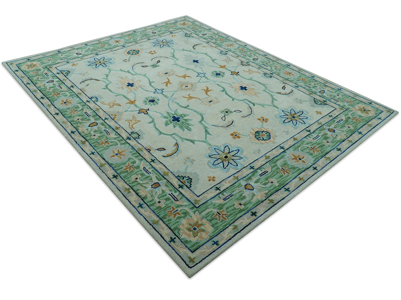 Handmade Oushak Style Rug| Ivory & Sage Green Floral| Vintage Turkish Inspired Luxury Carpet