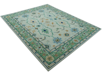 Handmade Oushak Style Rug| Ivory & Sage Green Floral| Vintage Turkish Inspired Luxury Carpet