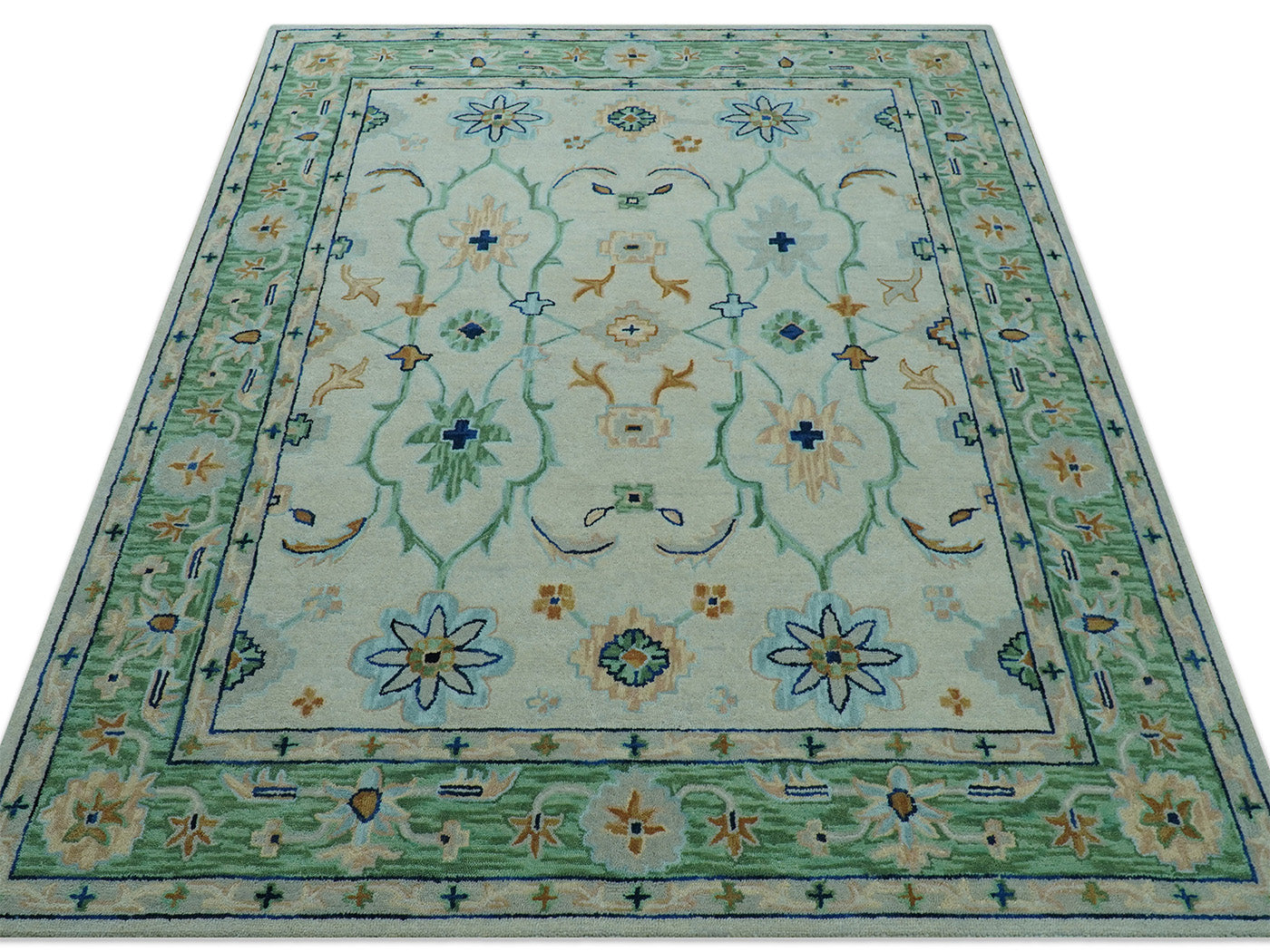Handmade Oushak Style Rug| Ivory & Sage Green Floral| Vintage Turkish Inspired Luxury Carpet