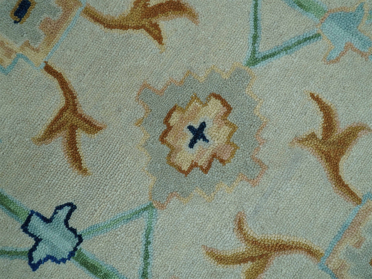 Handmade Oushak Style Rug| Ivory & Sage Green Floral