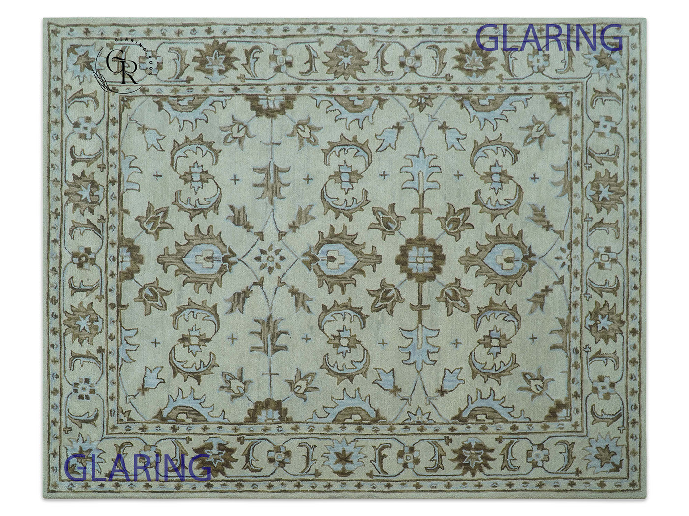 Hand Tufted Oushak Rug in Ivory & Sage Green | Vintage Floral Wool Carpet