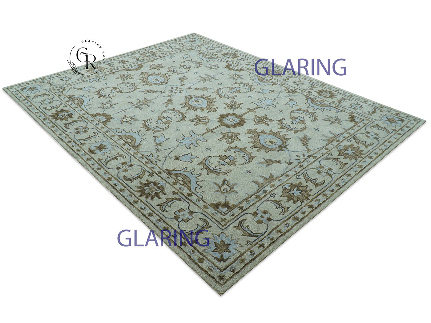 Hand Tufted Oushak Rug in Ivory & Sage Green | Vintage Floral Wool Carpet