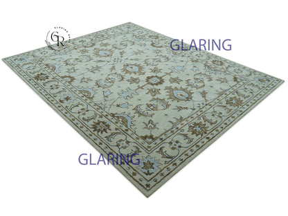 Hand Tufted Oushak Rug in Ivory & Sage Green | Vintage Floral Wool Carpet